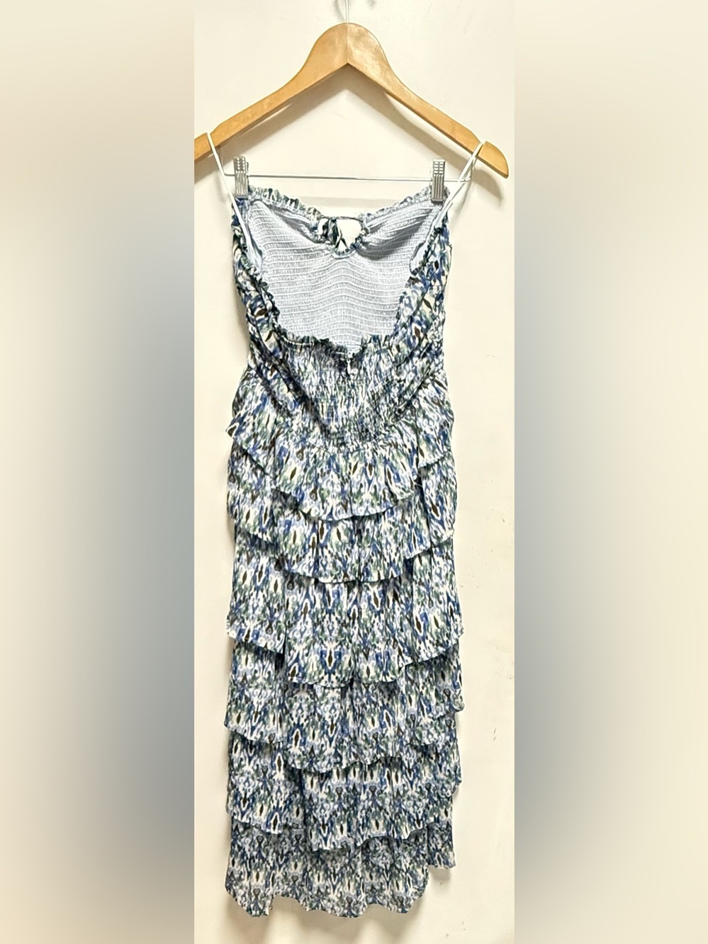 Strapless Tiered Maxi Dress in Blue and Green Ikat - Picture 3 of 7